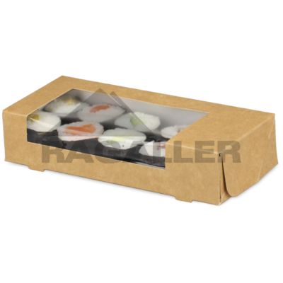 Sushi-Box Größe S - 165x70x35mm Karton braun/innen weiß mit Sichtfenster ohne Druck