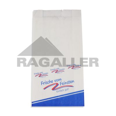 Metzgerfaltenbeutel 401 - 12+5x23cm "Frische vom Feinsten" neues Design Kraftpapier gefädelt weiß 